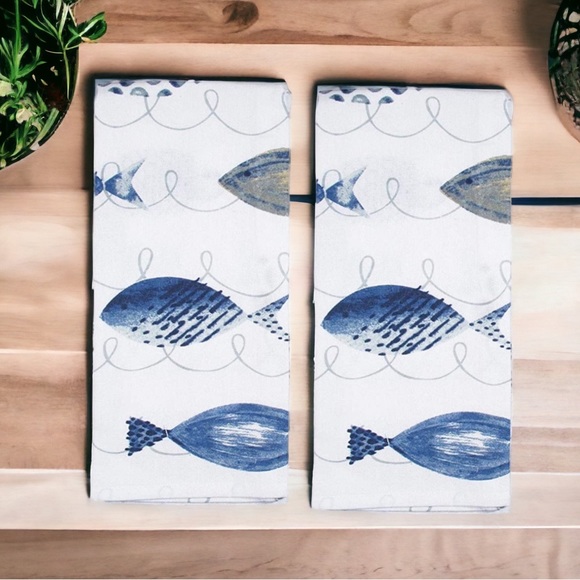 Mabelle Coastal Printed Kitchen Cotton Towels Nautical Beach Blue White 2 Pieces - Picture 13 of 13